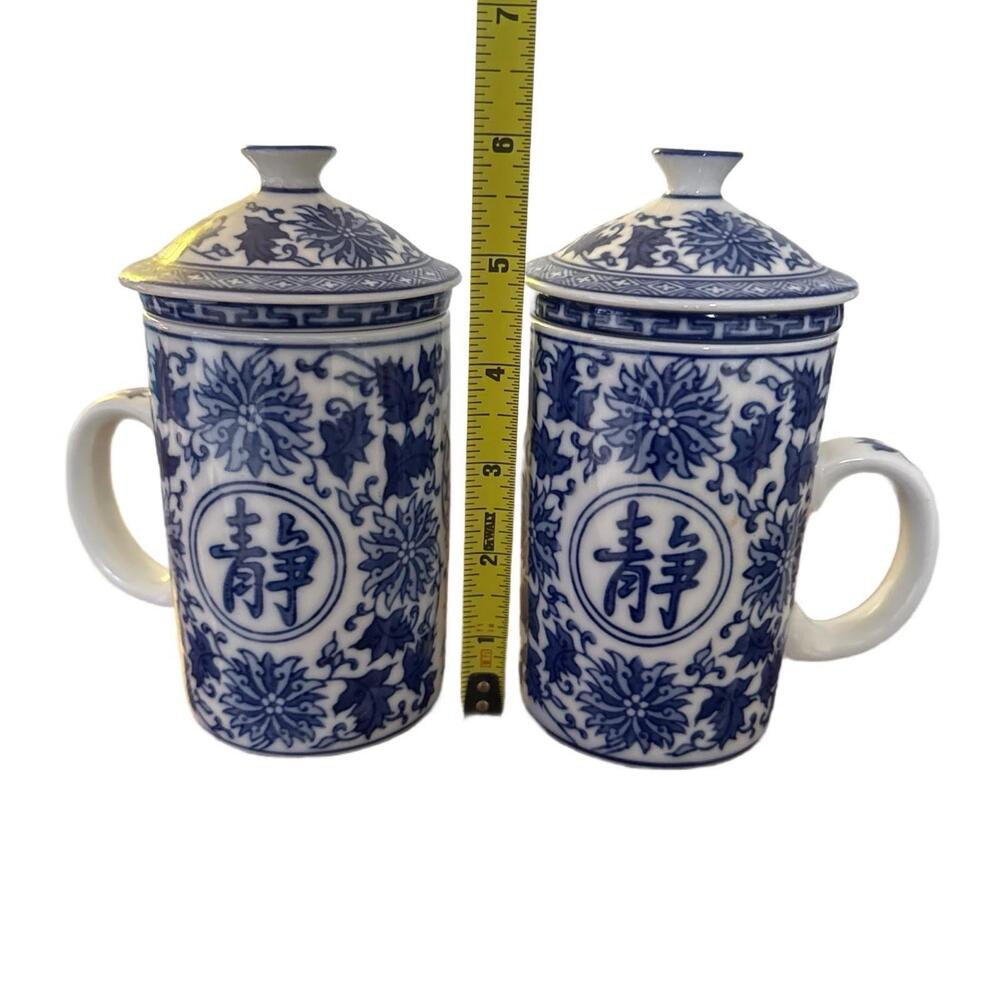 Pier 1 Happiness Asian Blue & White Porcelain Tea Steeper Cup Mugs 3 Pieces X2